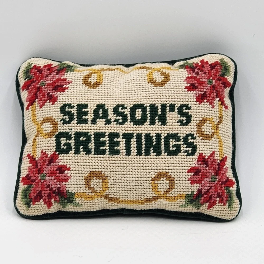 Vintage Seasons Greetings Needlepoint Pillow Christmas Poinsettia Holiday Decor